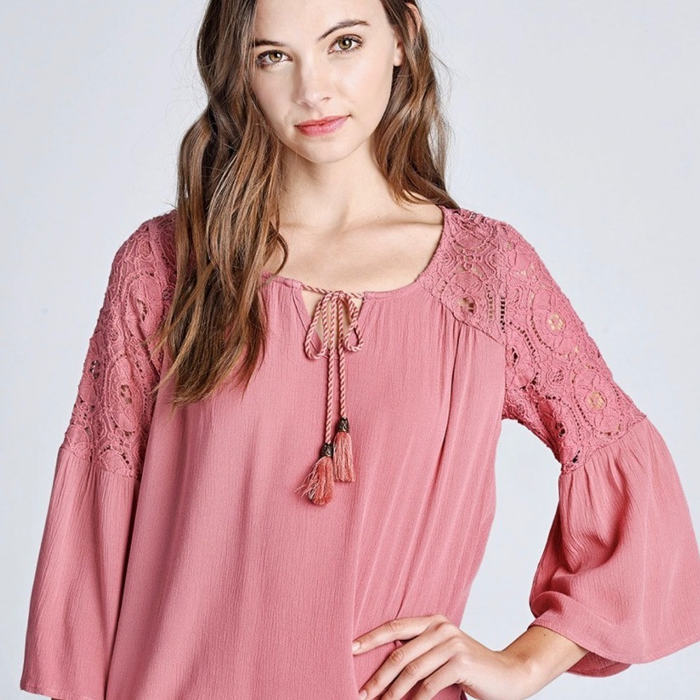 Blush color lace sleeve peasant top